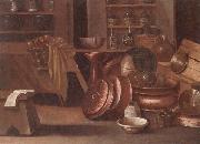 unknow artist A Kitchen still life of utensils and fruit in a basket,shelves with wine caskets beyond Sweden oil painting artist